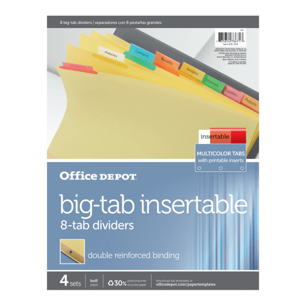 slide 2 of 2, Office Depot Brand Insertable Dividers With Big Tabs, Buff, Assorted Colors, 8-Tab, Pack Of 4 Sets, 4 ct