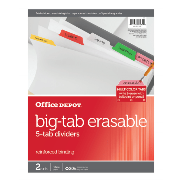 slide 2 of 2, Office Depot Brand Erasable Big Tab Dividers, 5-Tab, Assorted Colors, Pack Of 2 Sets, 2 ct