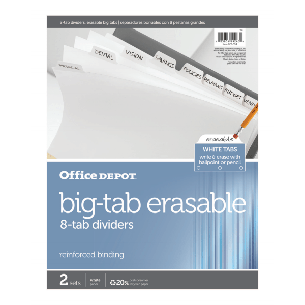 slide 2 of 2, Office Depot Brand Erasable Big Tab Dividers, 8-Tab, White, Pack Of 2 Sets, 2 ct