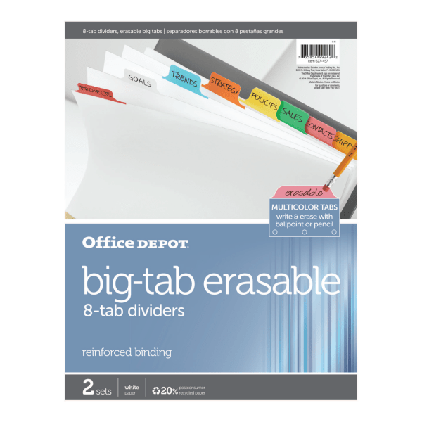 slide 2 of 2, Office Depot Brand Erasable Big Tab Dividers, 8-Tab, Assorted Colors, Pack Of 2 Sets, 2 ct