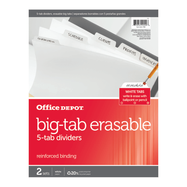 slide 2 of 2, Office Depot Brand Erasable Big Tab Dividers, 5-Tab, White, Pack Of 2 Sets, 2 ct