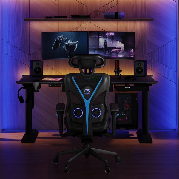 slide 2 of 10, Rs Gaming Eonix Ergonomic Mesh/Vegan Leather High-Back Active Chair & Footstool, Black/Blue, 1 ct