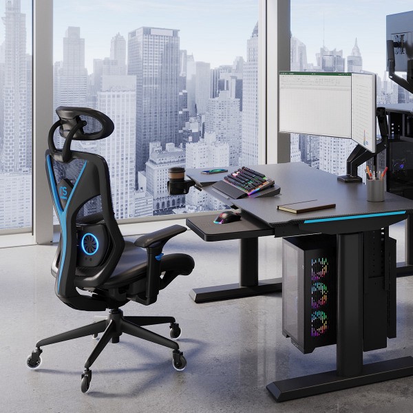 slide 5 of 10, Rs Gaming Eonix Ergonomic Mesh/Vegan Leather High-Back Active Chair & Footstool, Black/Blue, 1 ct