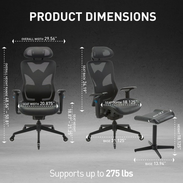 slide 10 of 10, Rs Gaming Eonix Ergonomic Mesh/Vegan Leather High-Back Active Chair & Footstool, Black/Blue, 1 ct