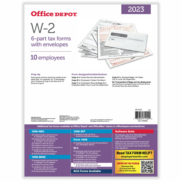 slide 4 of 4, Office Depot Brand W-2 Laser Tax Forms And Envelopes, 6-Part, 8-1/2'' X 11'', Pack Of 10 Forms, 10 ct