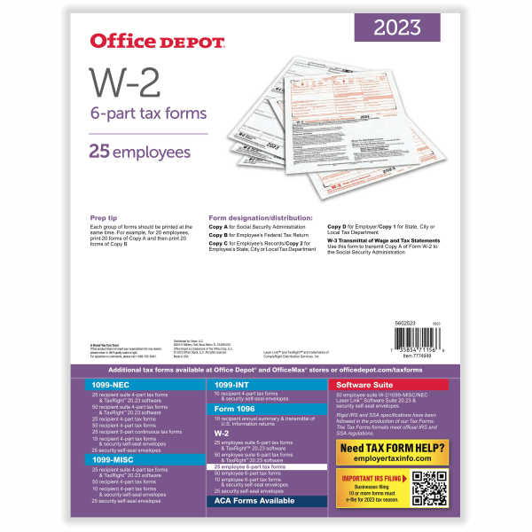 slide 2 of 3, Office Depot Brand W-2 Laser Tax Forms, 6-Part, 2-Up, 8-1/2"" X 11"", Pack Of 25 Form Sets, 25 ct