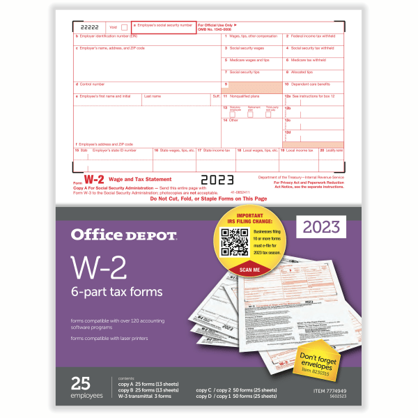 slide 1 of 3, Office Depot Brand W-2 Laser Tax Forms, 6-Part, 2-Up, 8-1/2"" X 11"", Pack Of 25 Form Sets, 25 ct