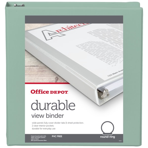 slide 2 of 5, Office Depot Brand 3-Ring Durable View Binder, 1-1/2'' Round Rings, 49% Recycled, Sage, 1 ct