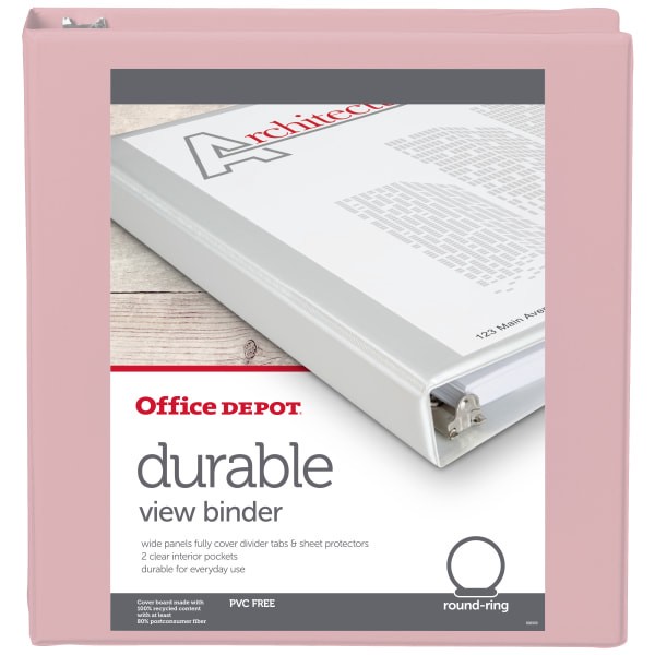 slide 2 of 5, Office Depot Brand 3-Ring Durable View Binder, 1-1/2" Round Rings, 49% Recycled, Blush, 1 ct