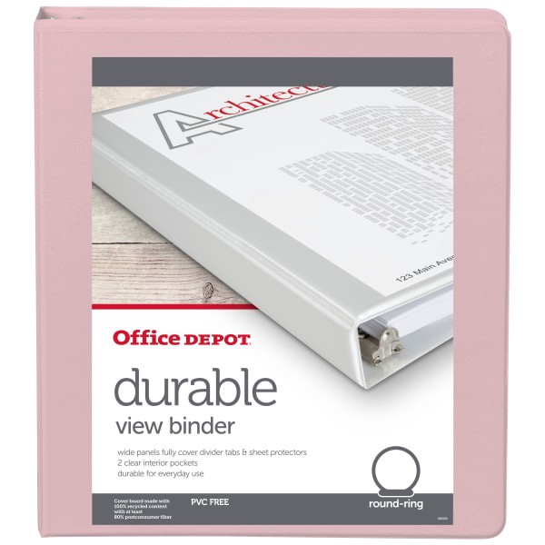 slide 5 of 5, Office Depot Brand 3-Ring Durable View Binder, 1" Round Rings, 49% Recycled, Blush, 1 in