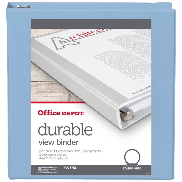 slide 4 of 5, Office Depot Brand 3-Ring Durable View Binder, 1-1/2" Round Rings, 49% Recycled, Baby Blue, 1 ct