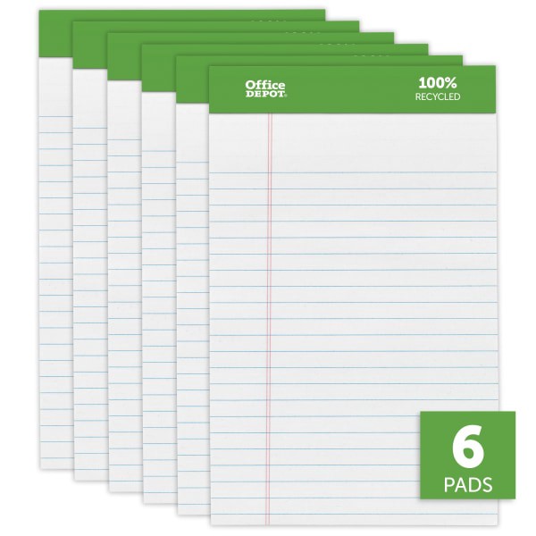 slide 6 of 6, Office Depot Brand Professional Writing Pads, 5" X 8", Narrow Ruled, 50 Sheets, 100% Recycled, White/Green, Pack Of 6 Pads, 6 ct