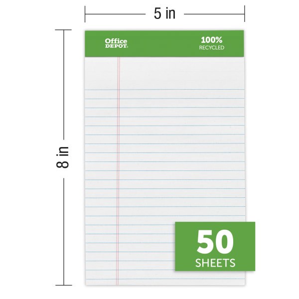 slide 4 of 6, Office Depot Brand Professional Writing Pads, 5" X 8", Narrow Ruled, 50 Sheets, 100% Recycled, White/Green, Pack Of 6 Pads, 6 ct