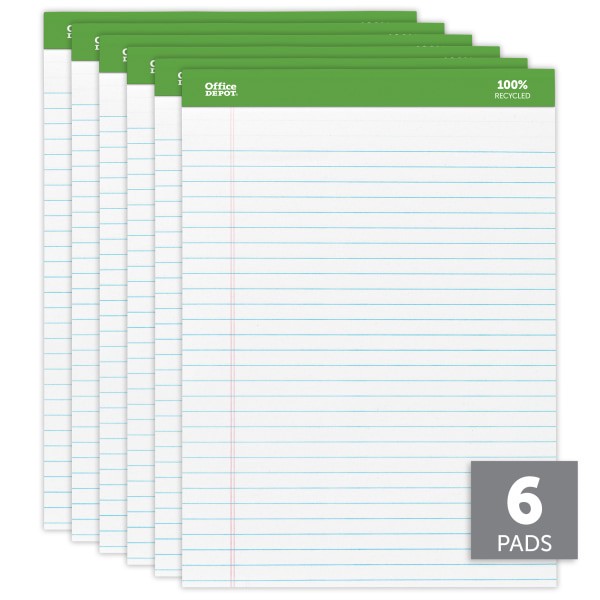 slide 5 of 6, Office Depot Brand Professional Writing Pads, 8-1/2" X 11-3/4", Legal/Wide Ruled, 50 Sheets, 100% Recycled, White, Pack Of 6 Pads, 6 ct