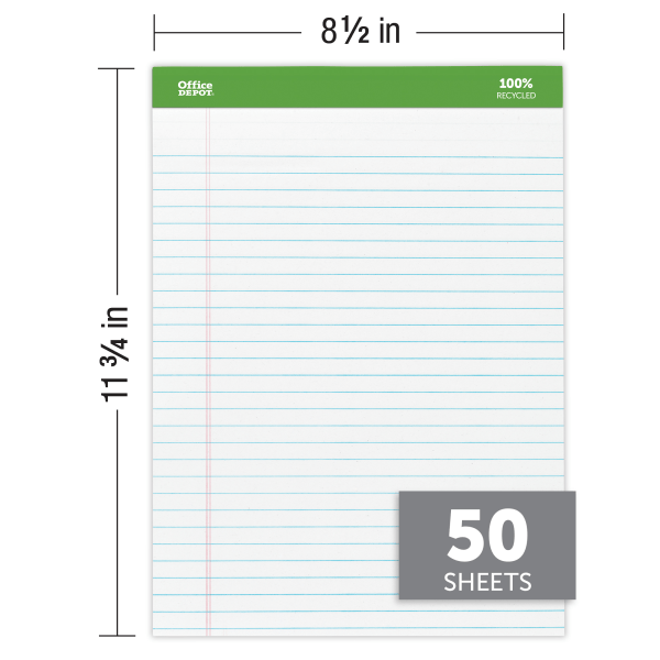 slide 4 of 6, Office Depot Brand Professional Writing Pads, 8-1/2" X 11-3/4", Legal/Wide Ruled, 50 Sheets, 100% Recycled, White, Pack Of 6 Pads, 6 ct