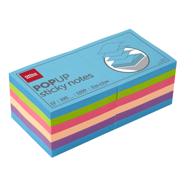 slide 4 of 4, Office Depot Brand Pop-Up Sticky Notes, 3" X 3", Assorted Neon Colors, 100 Sheets Per Pad, Pack Of 12 Pads, 12 ct
