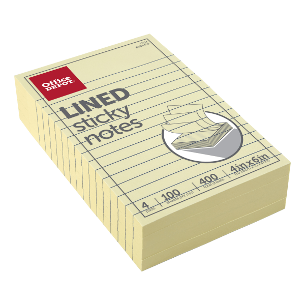 slide 2 of 2, Office Depot Brand Lined Sticky Notes, 4'' X 6'', Pastel Yellow, 100 Sheets Per Pad, Pack Of 4 Pads, 4 ct