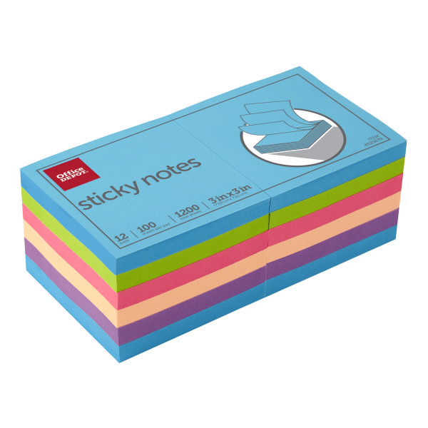 slide 3 of 3, Office Depot Brand Sticky Notes, 3" X 3", Assorted Neon Colors, 100 Sheets Per Pad, Pack Of 12 Pads, 12 ct
