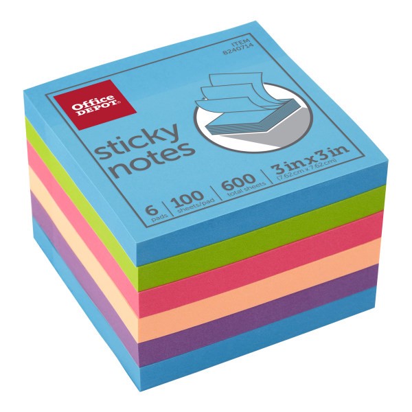 slide 3 of 3, Office Depot Brand Sticky Notes, 3" X 3", Assorted Neon Colors, 100 Sheets Per Pad, Pack Of 6 Pads, 6 ct