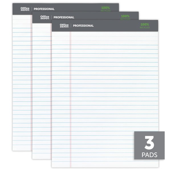 slide 2 of 6, Office Depot Brand Professional Writing Pads, 8-1/2" X 11-3/4", Legal/Wide Ruled, 50 Sheets, 100% Recycled, White, Pack Of 3 Pads, 3 ct