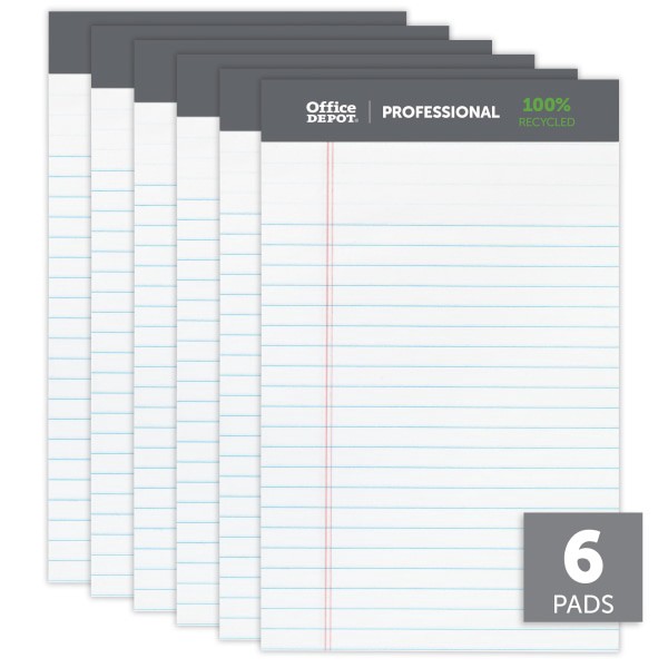 slide 6 of 6, Office Depot Brand Professional Writing Pads, 5'' X 8'', Narrow Ruled, 50 Sheets, 100% Recycled, White, Pack Of 6 Pads, 6 ct