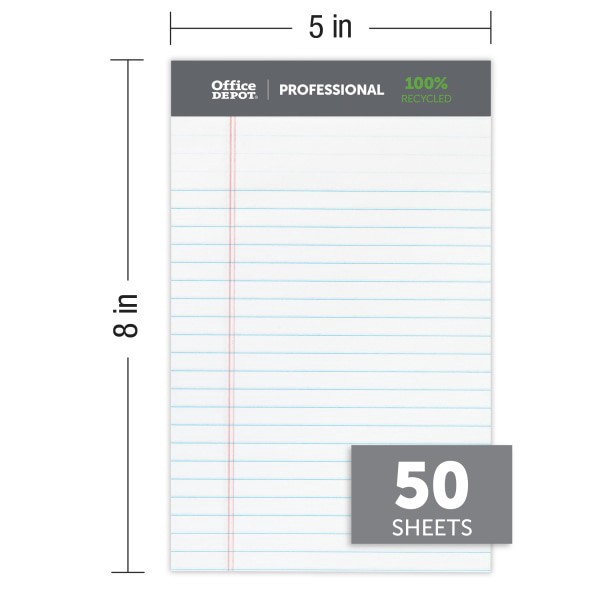 slide 4 of 6, Office Depot Brand Professional Writing Pads, 5'' X 8'', Narrow Ruled, 50 Sheets, 100% Recycled, White, Pack Of 6 Pads, 6 ct