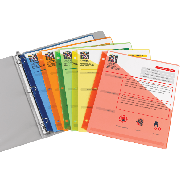 slide 2 of 2, Office Depot Brand Single Pocket Sheet Protectors, 8-1/2'' X 11'', Assorted Colors, Pack Of 5, 5 ct