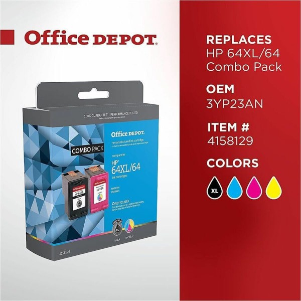 slide 2 of 5, Office Depot Brand Remanufactured High-Yield Black/Standard Yield Tri-Color Ink Cartridge Replacement For Hp 64Xl/64, Od64Xl64Cp, 1 ct