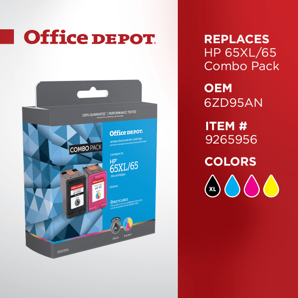 slide 2 of 2, Office Depot Brand Remanufactured High-Yield Black/Standard Yield Tri-Color Ink Cartridge Replacement For Hp 65Xl/65, Od65Xl65Cp, 1 ct