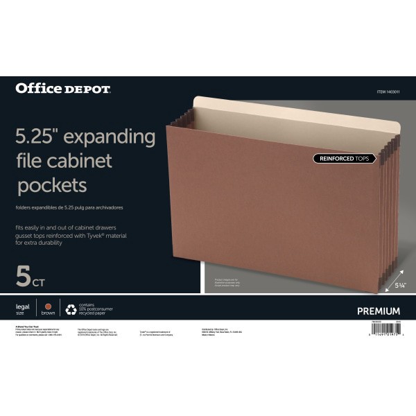 slide 3 of 3, Office Depot Brand File Cabinet Pockets, 5 1/4'' Expansion, Legal Size, Brown, Box Of 5, 5 ct