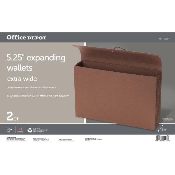 slide 3 of 3, Office Depot Brand Paper Extra-Wide Expanding Wallets With Flap, 1 Pocket, Expansion 5-1/4'', 8 1/2'' X 14'', Legal, Brown, Pack Of 2, 2 ct