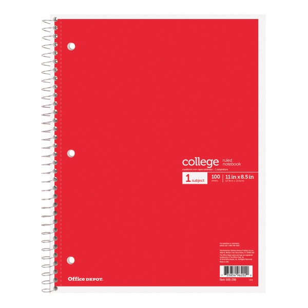 slide 2 of 7, Office Depot Brand Wirebound Notebook, 8-1/2'' X 11'', 1 Subject, College Ruled, 100 Sheets, Assorted Colors (No Color Choice), 100 ct
