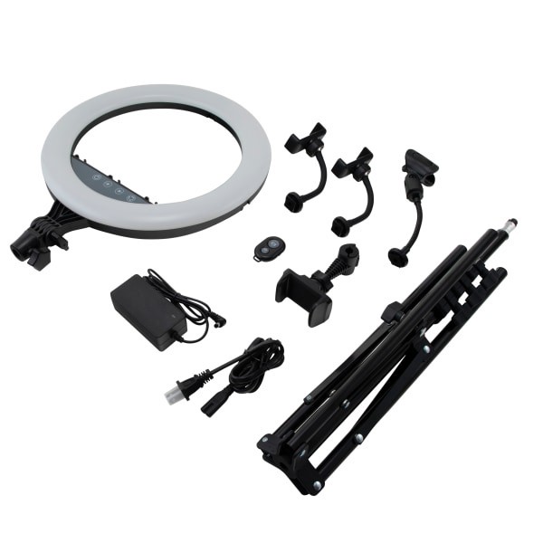 slide 10 of 10, Realspace 14" Ring Light On Tripod Stand With 4 Mounts And Bluetooth Controller, Adjustable, 94-1/2"H, Black, 14 in