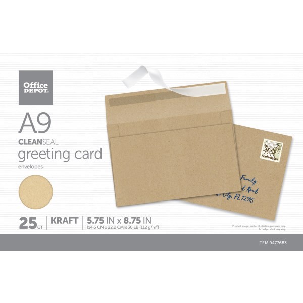 slide 2 of 5, Office Depot Brand Greeting Card Envelopes, A9, Clean Seal, Kraft, Box Of 25, 25 ct