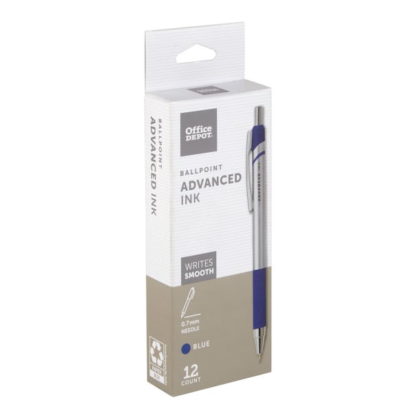 slide 2 of 3, Office Depot Brand Advanced Ink Retractable Ballpoint Pens, Needle Point, 0.7 Mm, Silver Barrel, Blue Ink, Pack Of 12, 12 ct