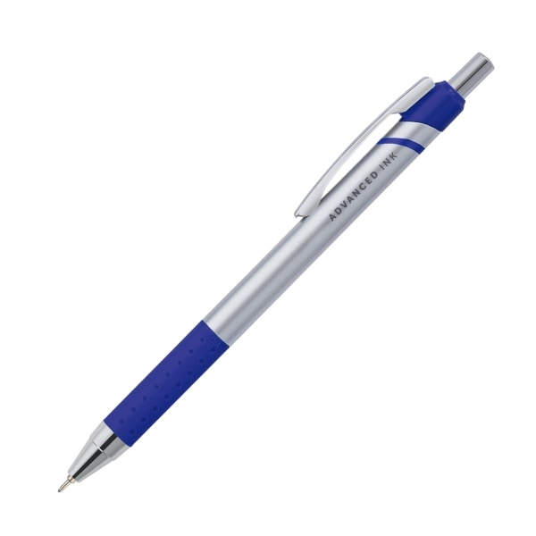 slide 2 of 2, Office Depot Brand Advanced Ink Retractable Ballpoint Pens, Needle Point, 0.7 Mm, Silver Barrel, Blue Ink, Pack Of 12, 12 ct