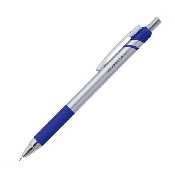 slide 3 of 3, Office Depot Brand Advanced Ink Retractable Ballpoint Pens, Needle Point, 0.7 Mm, Silver Barrel, Blue Ink, Pack Of 12, 12 ct
