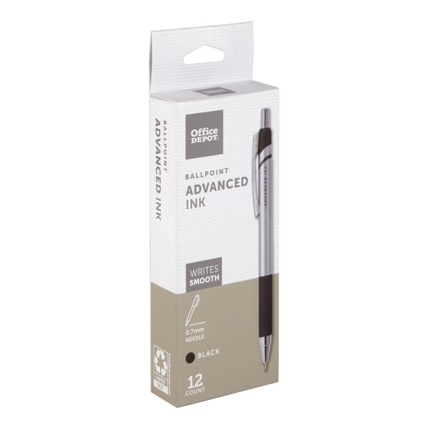 slide 4 of 4, Office Depot Brand Advanced Ink Retractable Ballpoint Pens, Needle Point, 0.7 Mm, Silver Barrel, Black Ink, Pack Of 12, 12 ct