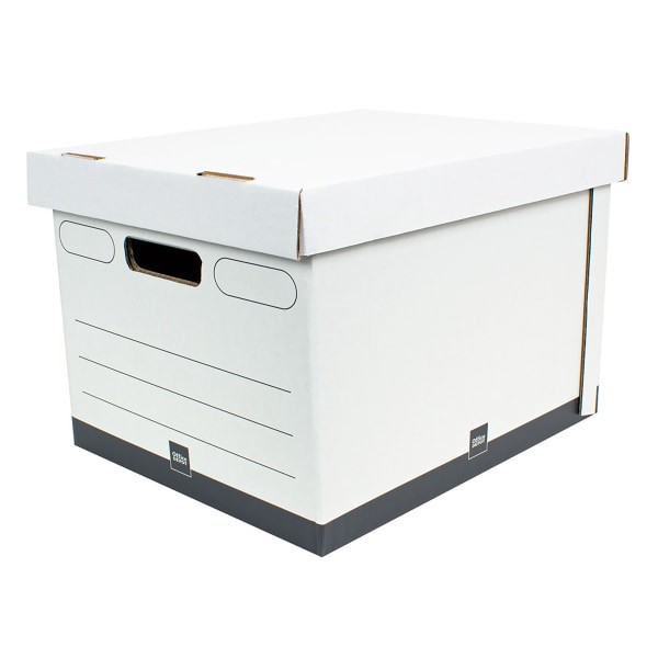 slide 3 of 3, Office Depot Brand Heavy-Duty Quick Set Up Storage Boxes, Letter/Legal Size, 15'' X 12'' X 10'', White/Black, Case Of 5, 1 ct