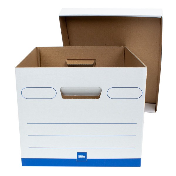 slide 3 of 6, Office Depot Brand Medium Quick Set Up Corrugated Medium-Duty Storage Boxes With Lift-Off Lids And Built-In Handles, Letter/Legal Size, 15'' X 12'' X 10'', White/Blue, Case Of 5, 1 ct