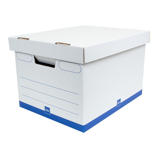 slide 5 of 6, Office Depot Brand Medium Quick Set Up Corrugated Medium-Duty Storage Boxes With Lift-Off Lids And Built-In Handles, Letter/Legal Size, 15'' X 12'' X 10'', White/Blue, Case Of 5, 1 ct