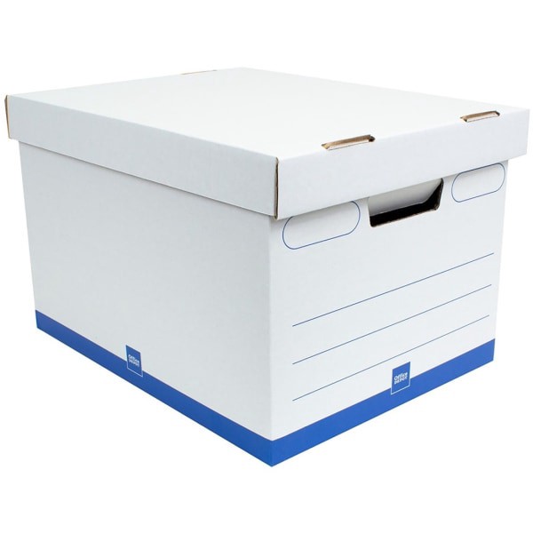 slide 4 of 6, Office Depot Brand Medium Quick Set Up Corrugated Medium-Duty Storage Boxes With Lift-Off Lids And Built-In Handles, Letter/Legal Size, 15'' X 12'' X 10'', White/Blue, Case Of 5, 1 ct