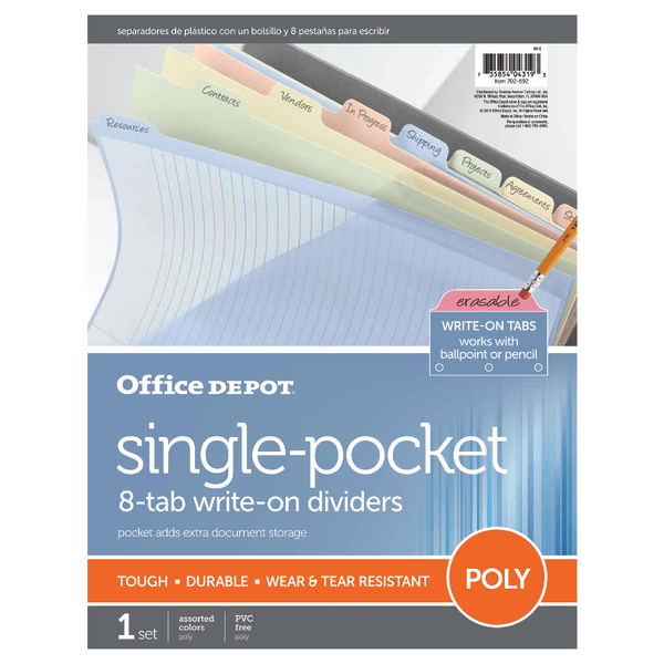 slide 2 of 2, Office Depot Brand Single-Pocket Write-On Dividers, 8 Tab, 8 1/2'' X 11'', Assorted Colors, 1 ct