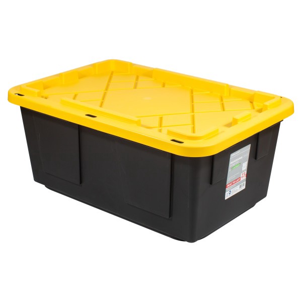 slide 2 of 4, Office Depot Brand Greenmade Poly Storage Tote With Handles/Snap Lid, 23 Gallon, 13-1/4"H X 20-1/2"W X 30-1/2"D, Black/Yellow, 1 ct