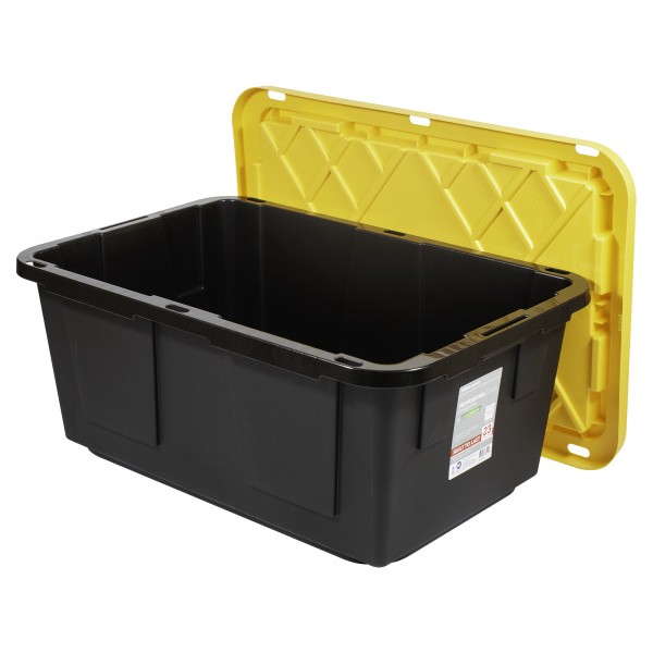 slide 3 of 4, Office Depot Brand Greenmade Poly Storage Tote With Handles/Snap Lid, 23 Gallon, 13-1/4"H X 20-1/2"W X 30-1/2"D, Black/Yellow, 1 ct
