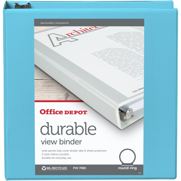 slide 3 of 3, Office Depot Brand Durable View Round-Ring Binders, 2'' Round Rings, Light Blue, Pack Of 6 Binders, 6 ct