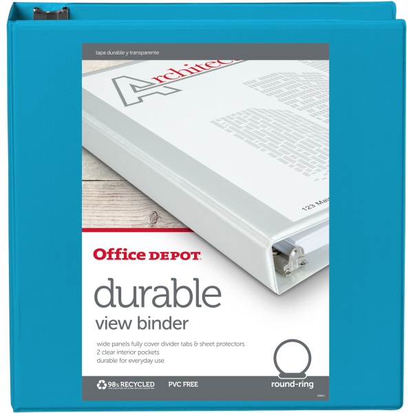 slide 3 of 3, Office Depot Brand Durable View Round-Ring Binders, 2'' Round Rings, Blue, Pack Of 6 Binders, 6 ct