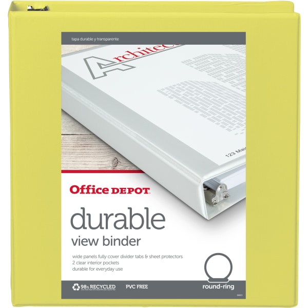 slide 3 of 3, Office Depot Brand Durable View Round-Ring Binders, 1-1/2'' Round Rings, Yellow, Pack Of 12 Binders, 12 ct