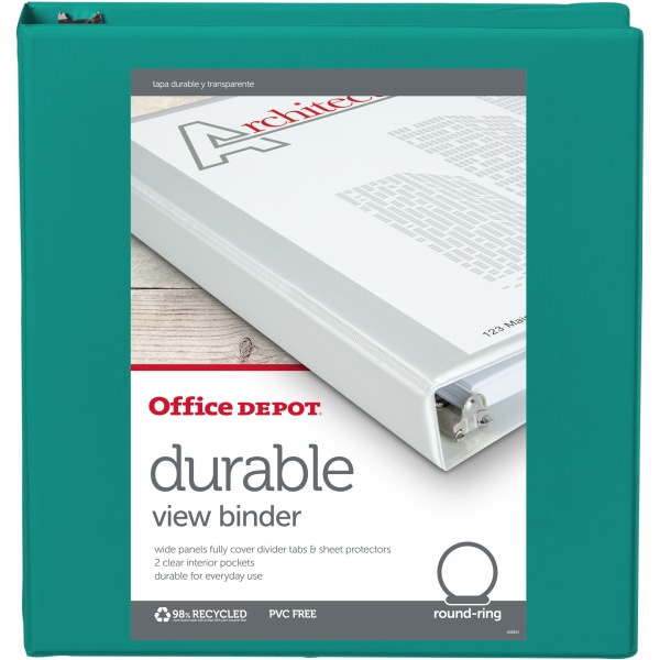 slide 2 of 3, Office Depot Brand Durable View Round-Ring Binders, 1-1/2'' Round Rings, Teal, Pack Of 12 Binders, 12 ct