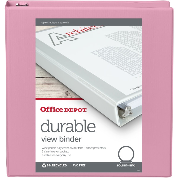 slide 2 of 3, Office Depot Brand Durable View Round-Ring Binders, 1-1/2'' Round Rings, Pink, Pack Of 12 Binders, 12 ct